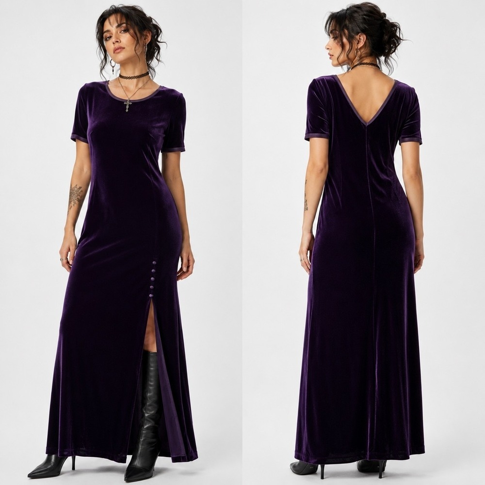 Vintage 90s Nina Piccalino Purple Velvet Maxi Dress 12 Goth Whimsigoth Slit